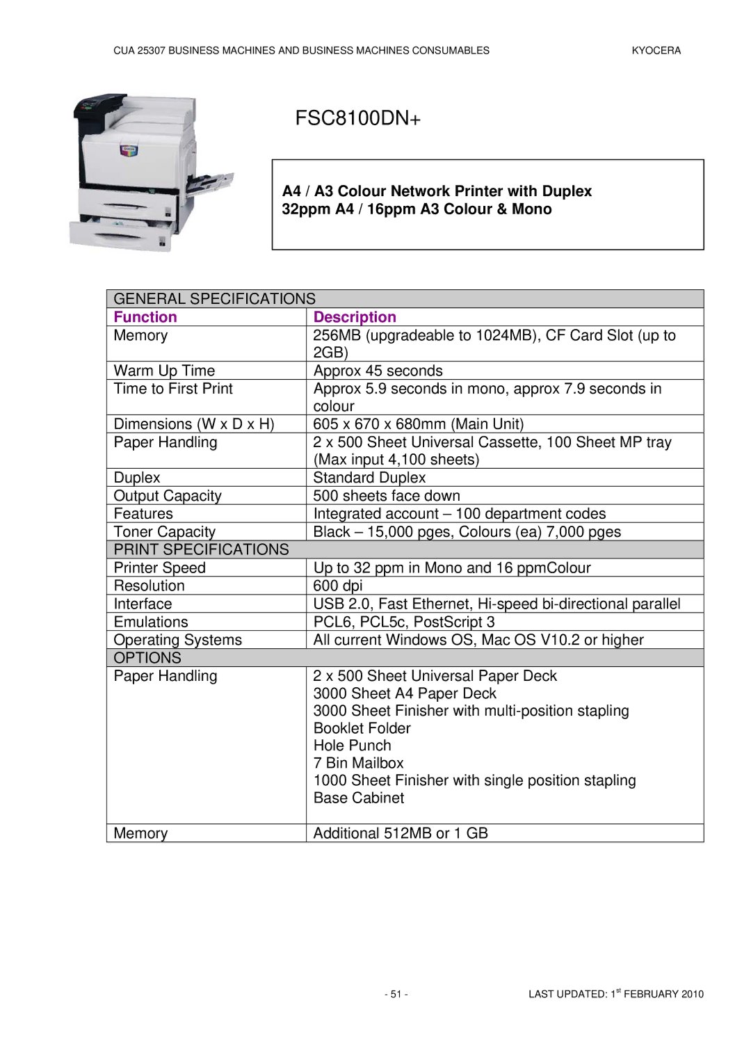 Kyocera CUA 25307 manual FSC8100DN+, General Specifications 