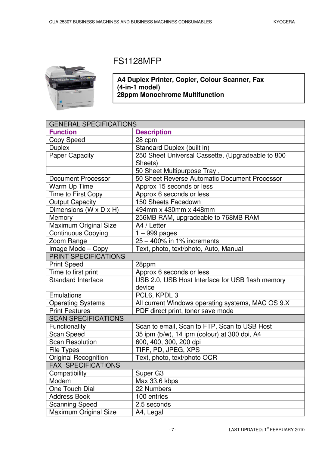 Kyocera CUA 25307 manual FS1128MFP, FAX Specifications 