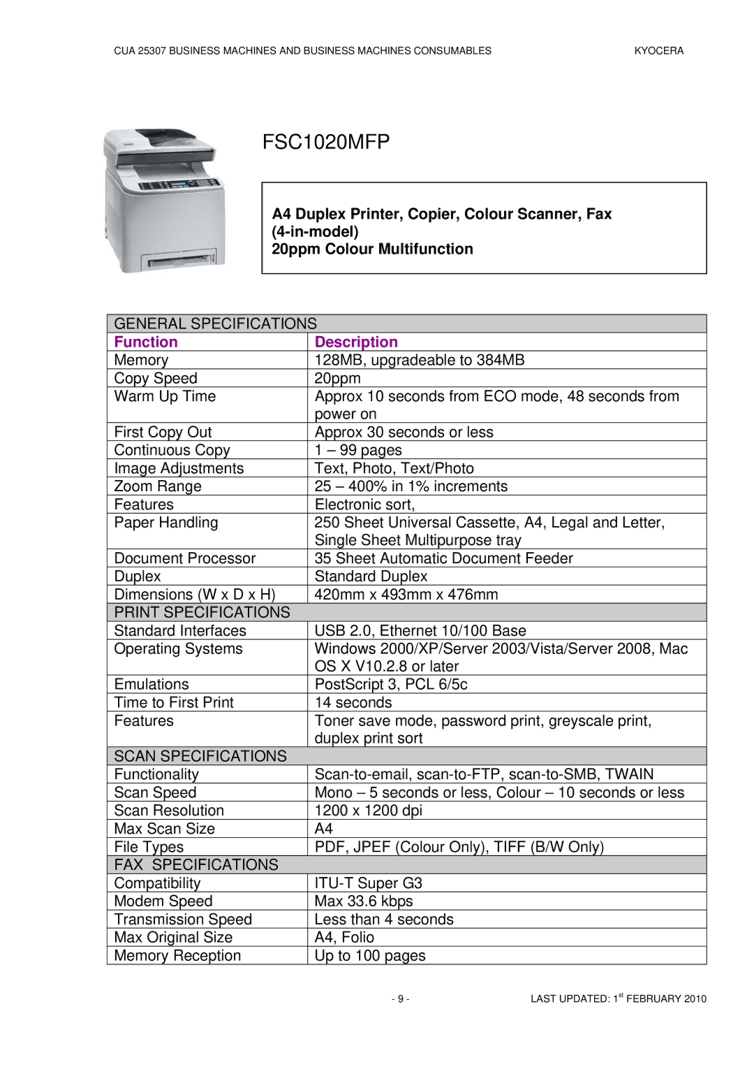 Kyocera CUA 25307 manual FSC1020MFP 