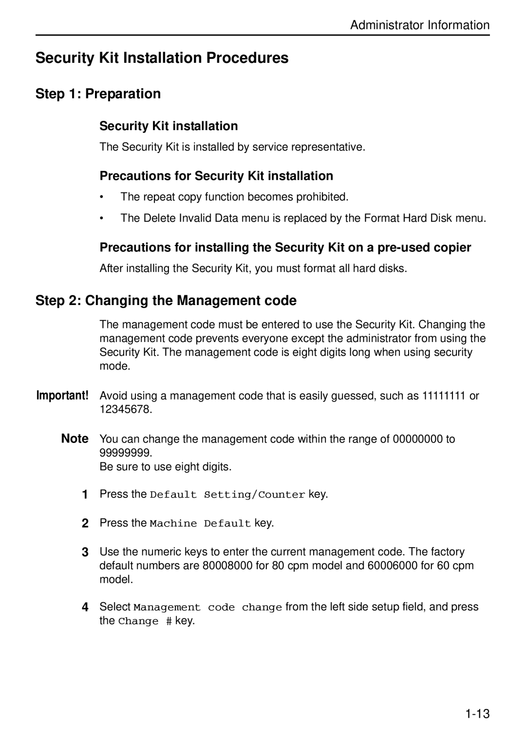 Kyocera Data Security Kit (B) For Copier Security Kit Installation Procedures, Preparation, Changing the Management code 