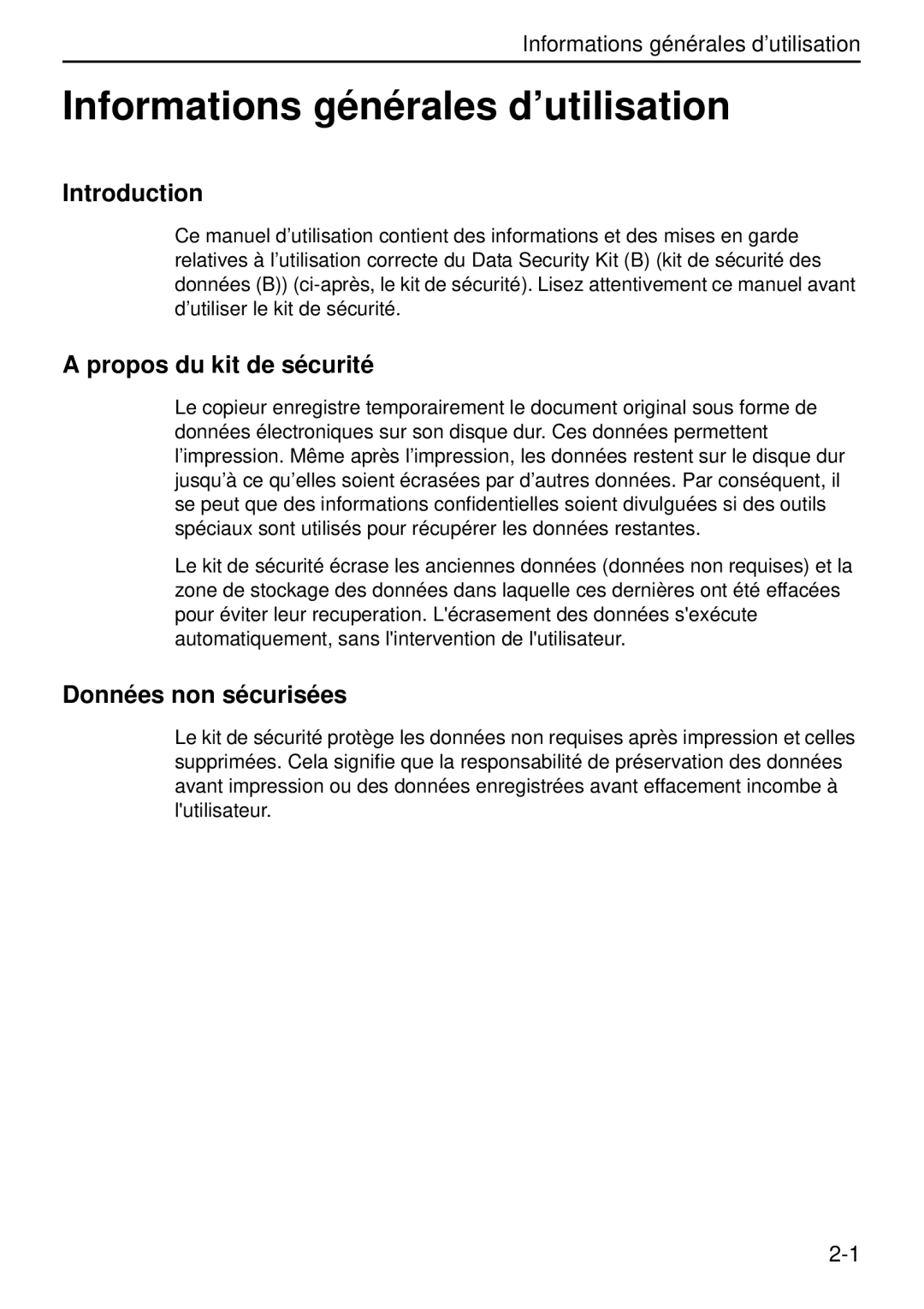 Kyocera Data Security Kit (B) For Copier Informations générales d’utilisation, Introduction, Propos du kit de sécurité 