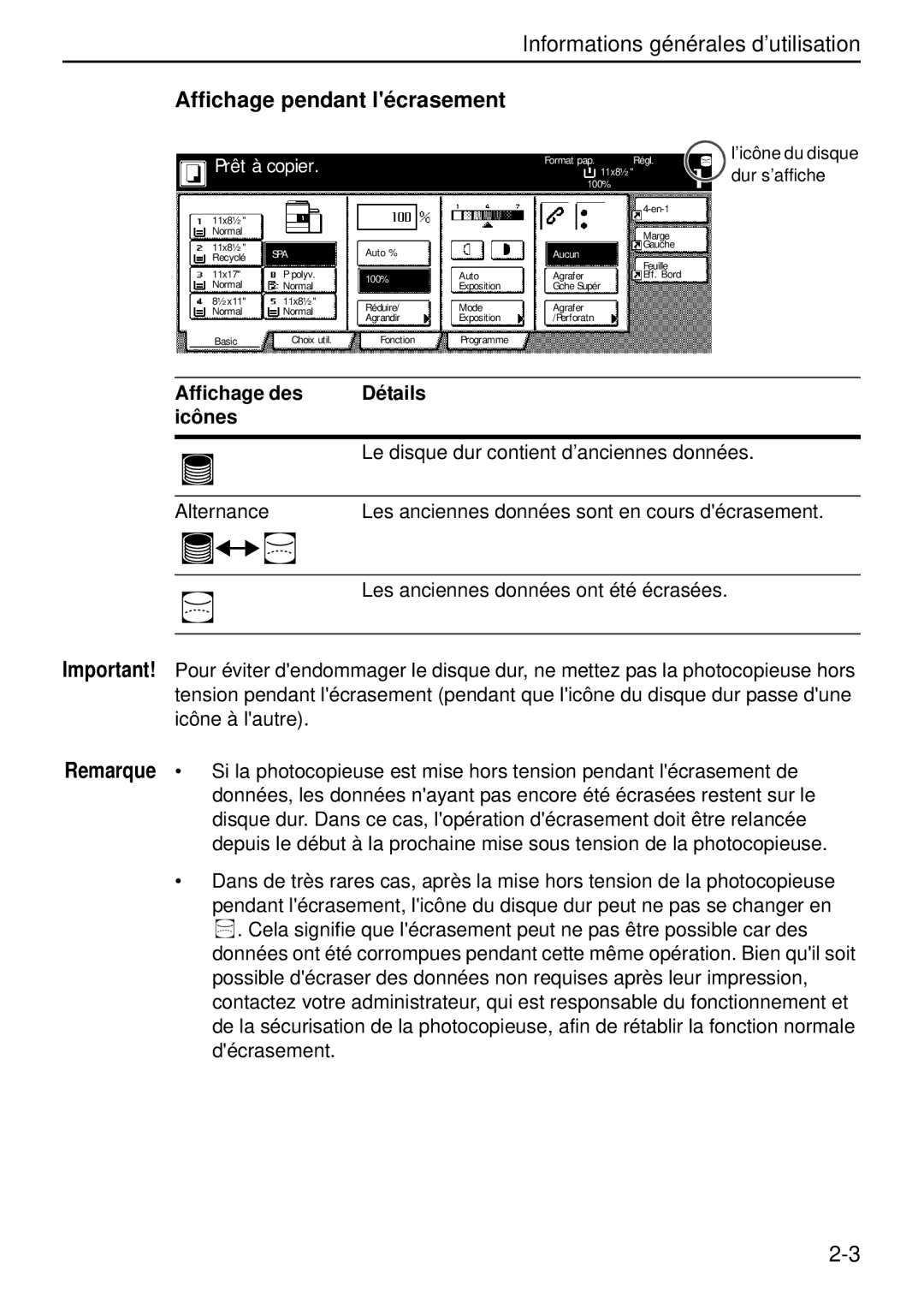 Kyocera Data Security Kit (B) For Copier manual Affichage pendant lécrasement, Prêt à copier, Format pap Régl 100%, Aucun 