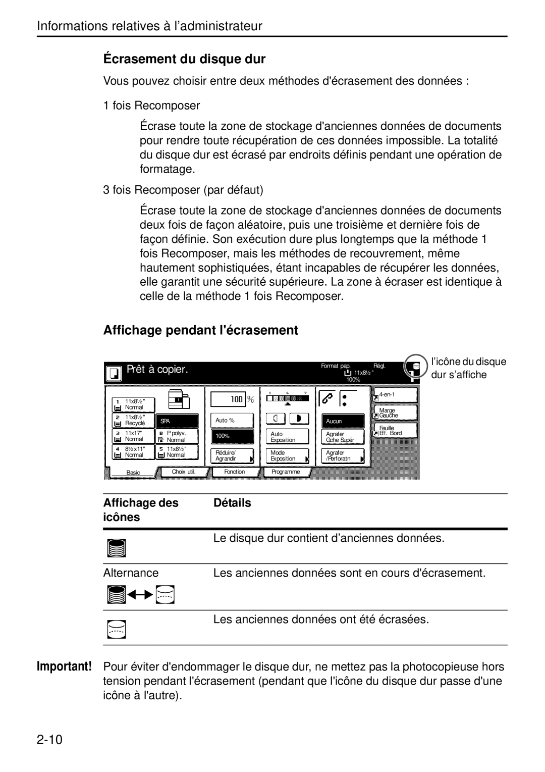 Kyocera Data Security Kit (B) For Copier manual Écrasement du disque dur, Affichage pendant lécrasement 