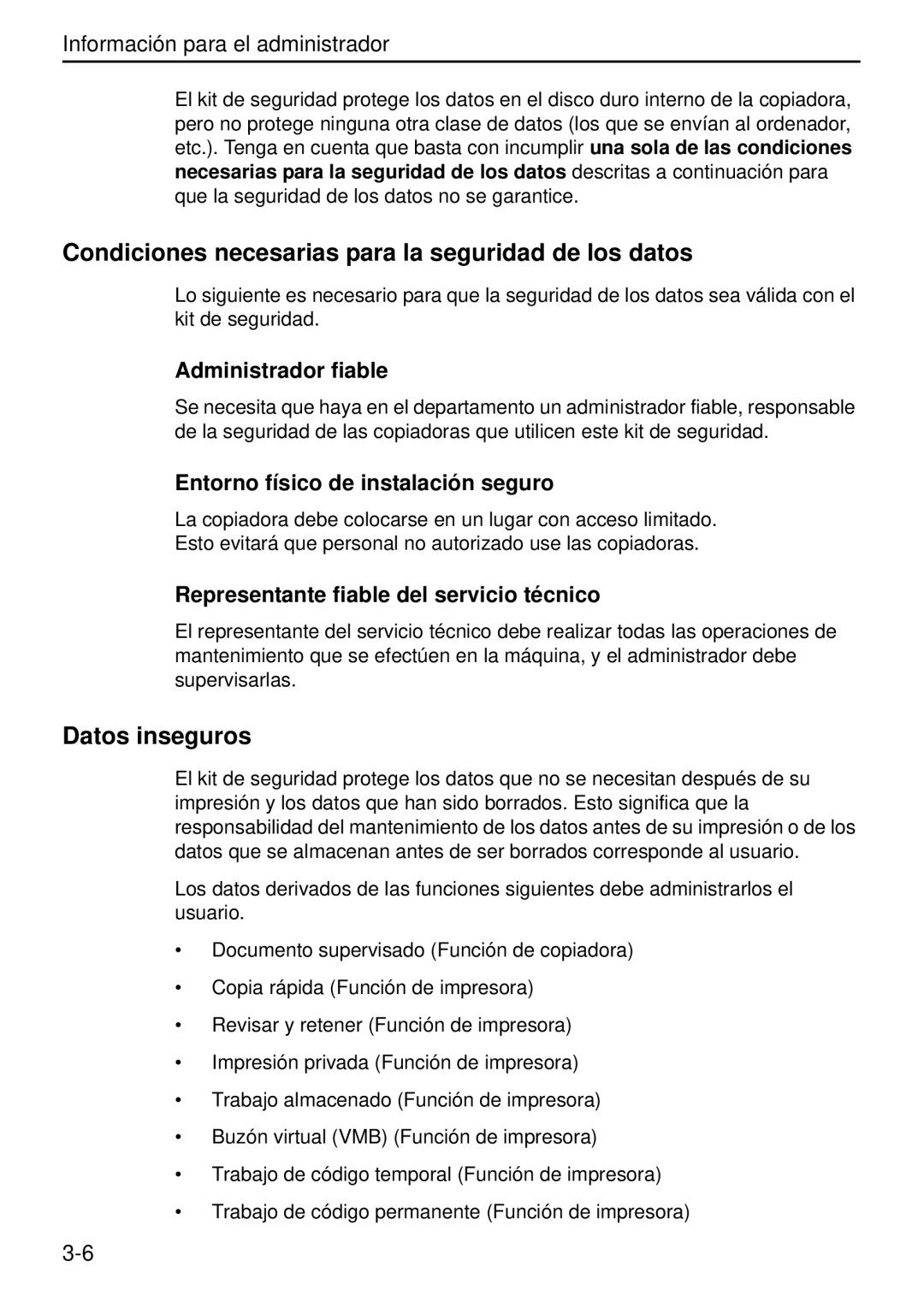 Kyocera Data Security Kit (B) For Copier manual Condiciones necesarias para la seguridad de los datos, Administrador fiable 