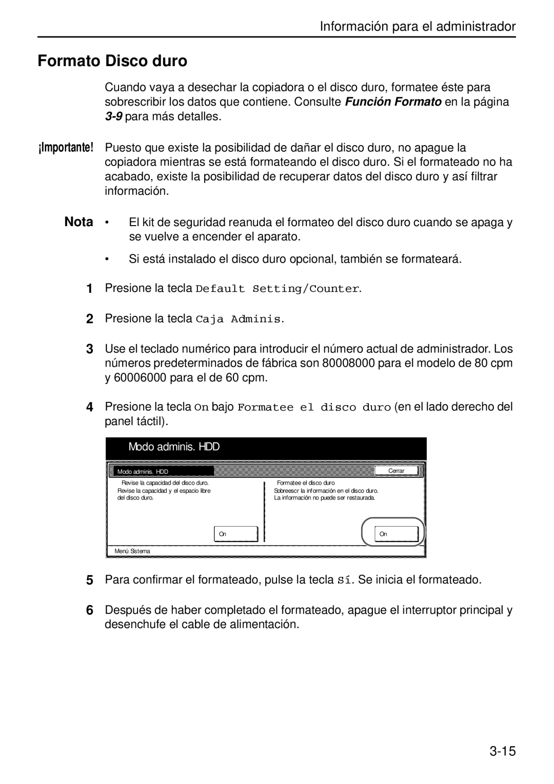 Kyocera Data Security Kit (B) For Copier manual Formato Disco duro, Nota, Modo adminis. HDD 