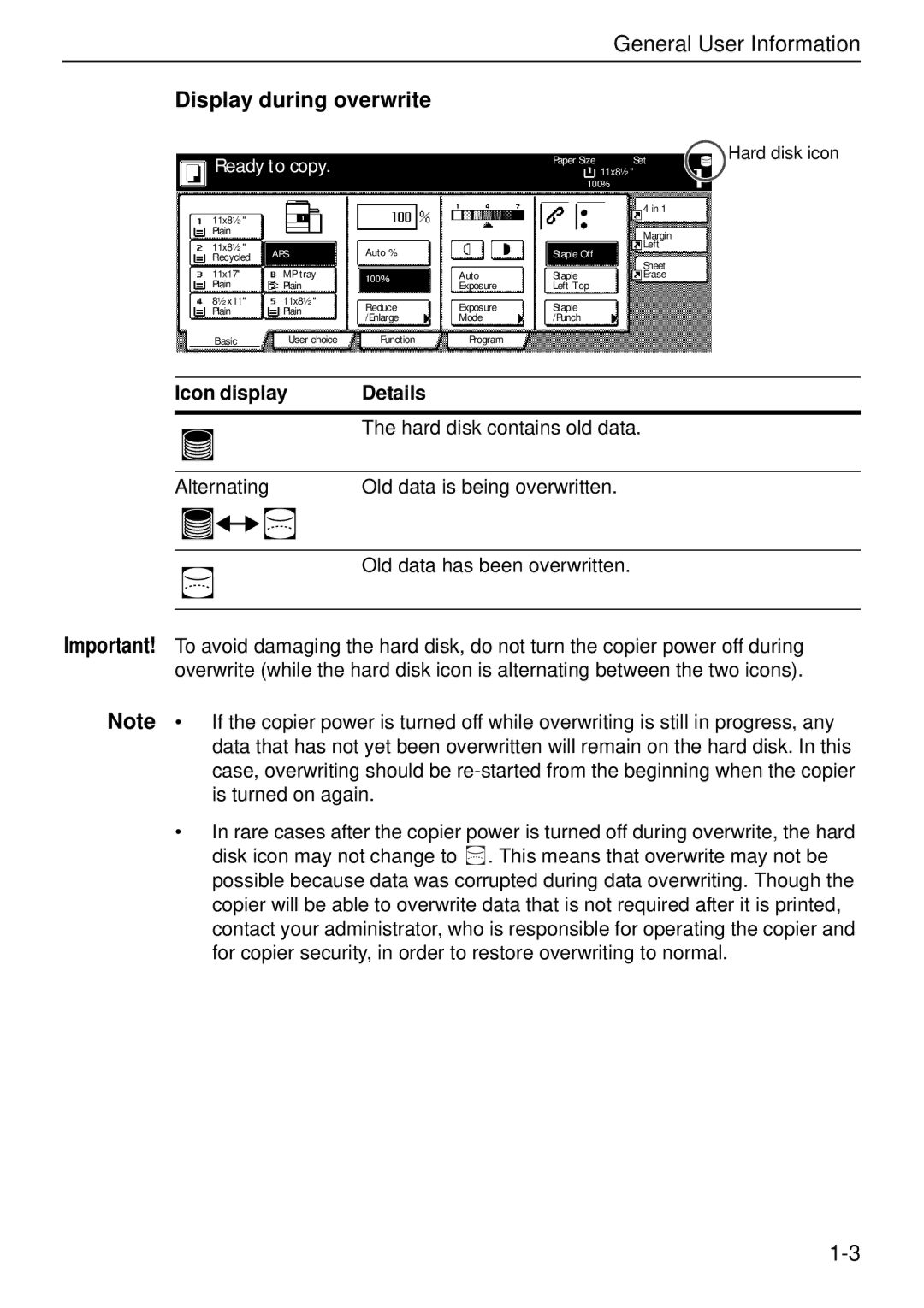 Kyocera Data Security Kit (B) For Copier manual Display during overwrite, Ready to copy, Paper Size Set, 11x8½, Staple Off 