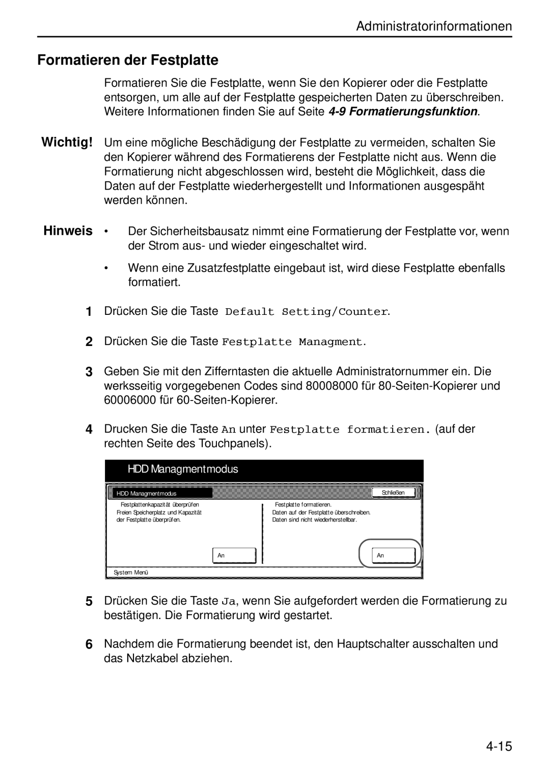 Kyocera Data Security Kit (B) For Copier manual Formatieren der Festplatte, HDD Managmentmodus 