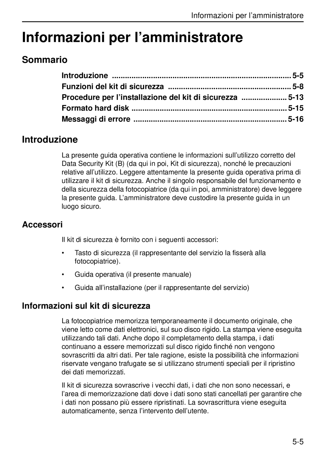 Kyocera Data Security Kit (B) For Copier manual Informazioni per l’amministratore, Sommario, Introduzione, Accessori 