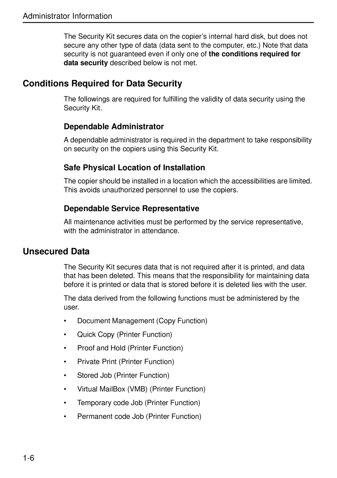 Kyocera Data Security Kit (B) For Copier manual Conditions Required for Data Security, Dependable Administrator 