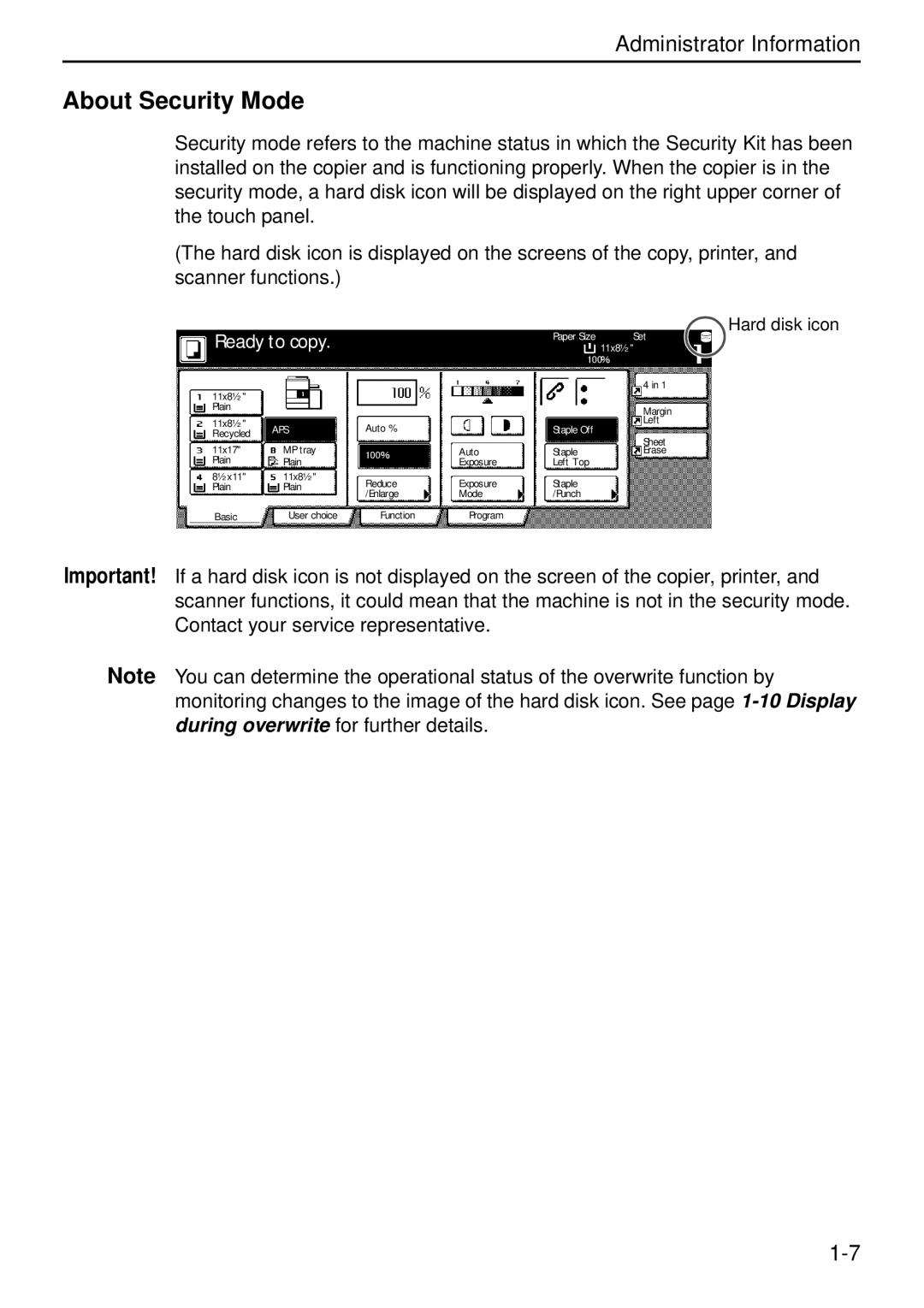 Kyocera Data Security Kit (B) For Copier manual About Security Mode, Paper Size, 11x8½ Set 