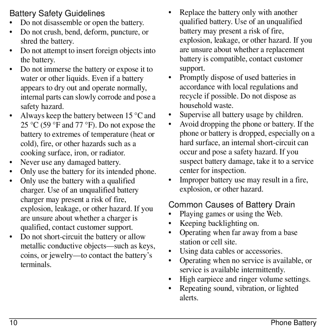 Kyocera Domino S1310 manual Battery Safety Guidelines, Common Causes of Battery Drain, Never use any damaged battery 