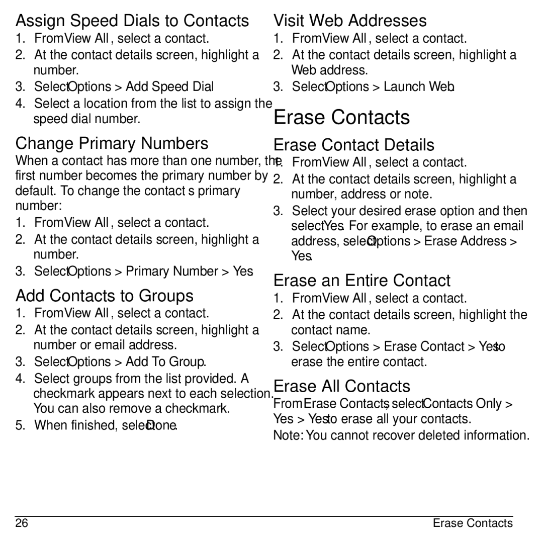 Kyocera Domino S1310 manual Erase Contacts 