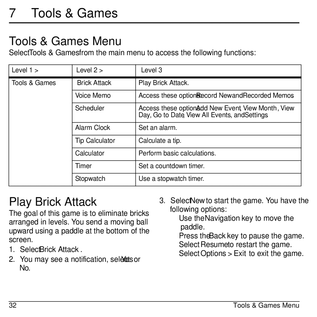 Kyocera Domino S1310 manual Tools & Games Menu, Play Brick Attack 