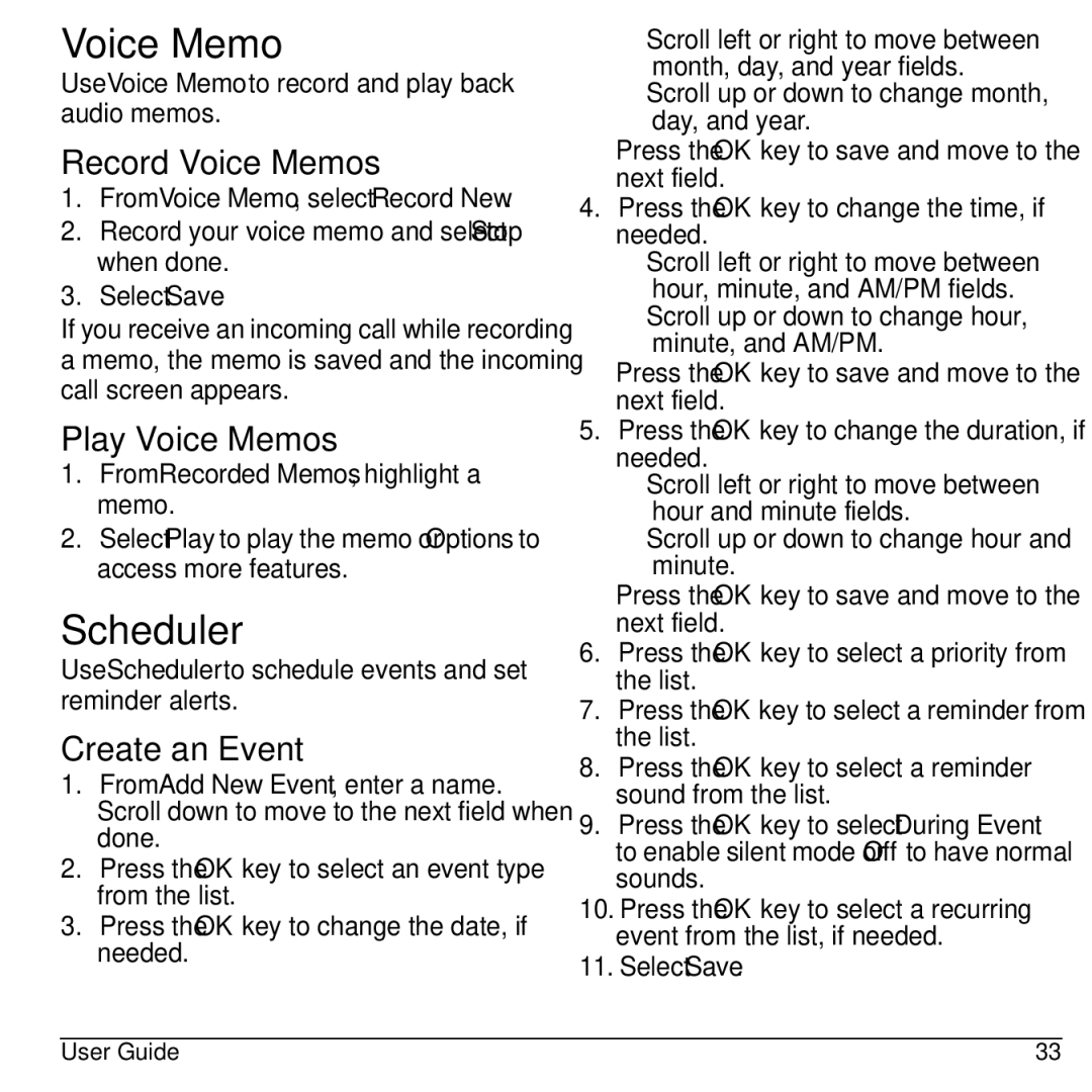 Kyocera Domino S1310 manual Scheduler, Record Voice Memos, Play Voice Memos, Create an Event 