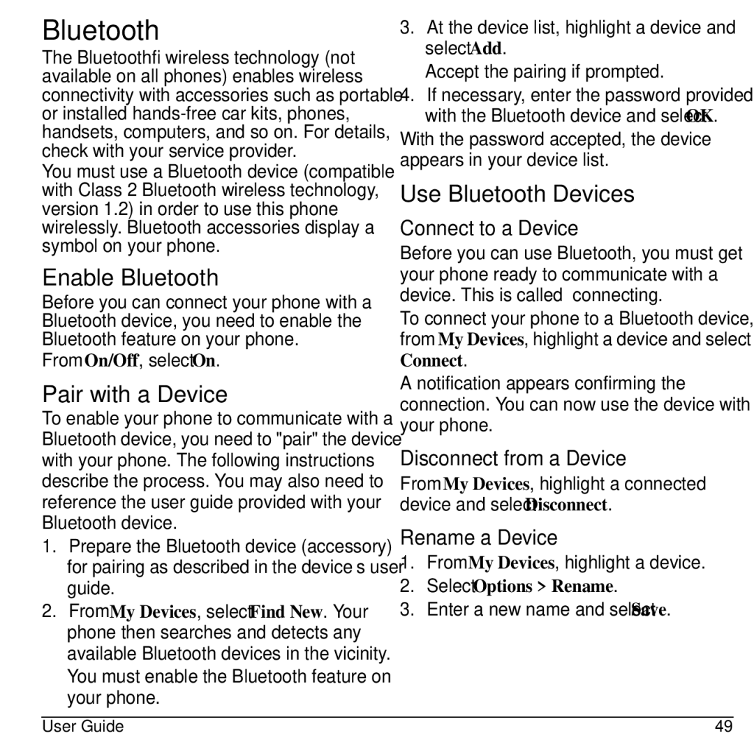 Kyocera Domino S1310 manual Enable Bluetooth, Pair with a Device, Use Bluetooth Devices 