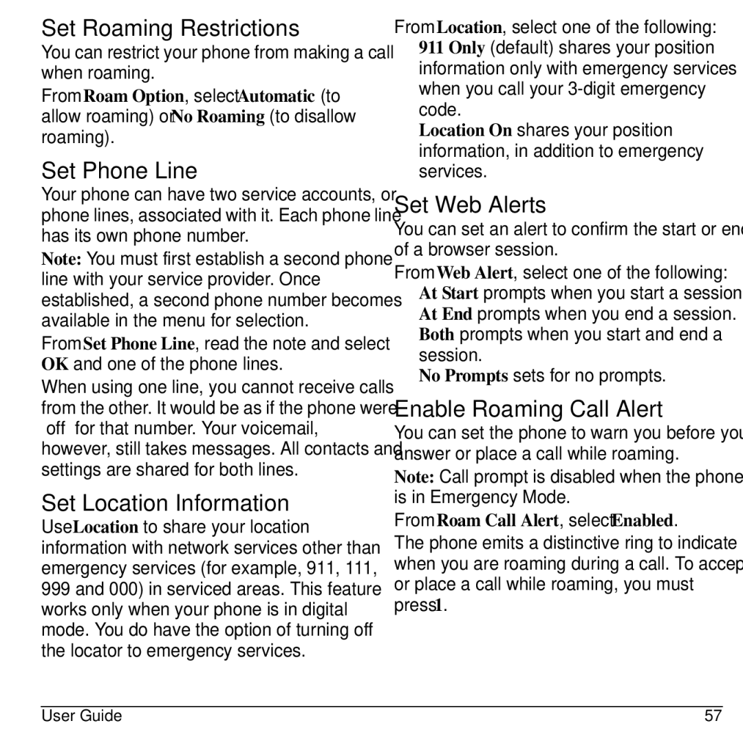 Kyocera Domino S1310 manual Set Roaming Restrictions, Set Phone Line, Set Location Information, Set Web Alerts 