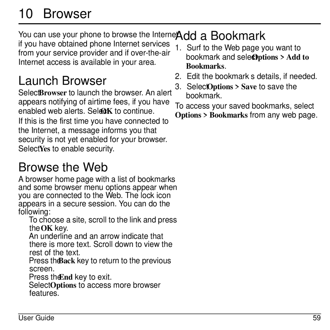 Kyocera Domino S1310 manual Launch Browser, Browse the Web, Add a Bookmark, Select Options Save to save the bookmark 