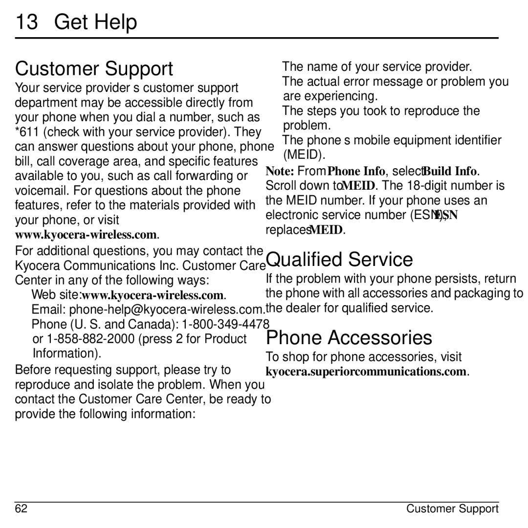 Kyocera Domino S1310 manual Get Help, Customer Support, Qualified Service, Phone Accessories 