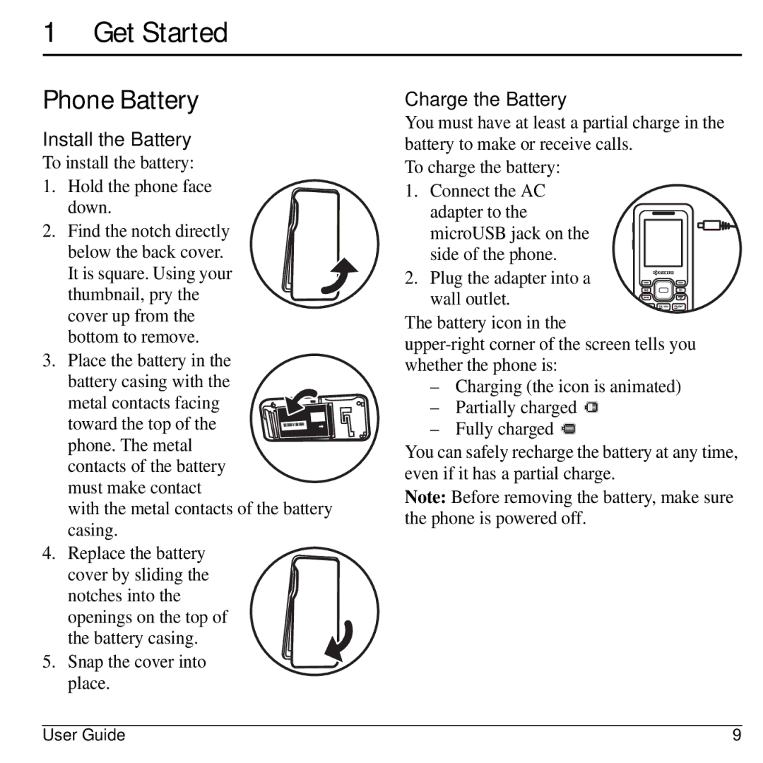 Kyocera Domino S1310 manual Get Started, Phone Battery, Install the Battery, Charge the Battery 