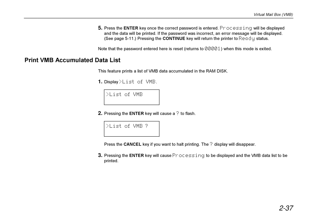 Kyocera DP-3600 manual Print VMB Accumulated Data List 