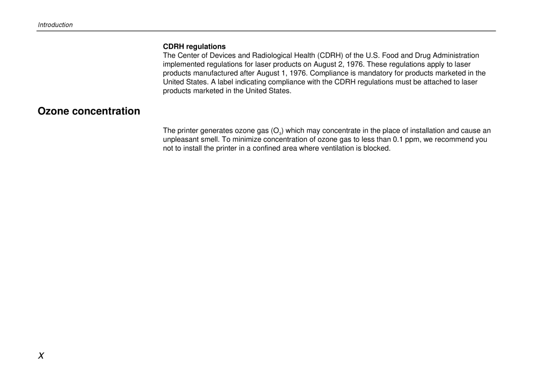 Kyocera DP-3600 manual Ozone concentration, Cdrh regulations 