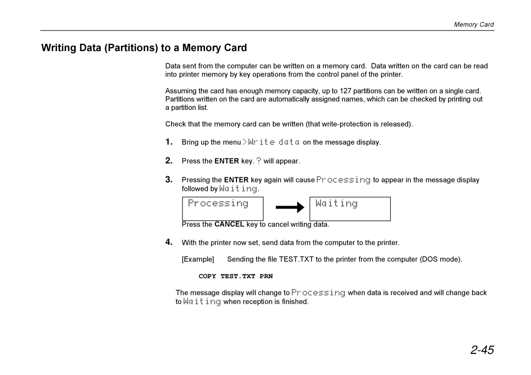 Kyocera DP-3600 manual Writing Data Partitions to a Memory Card, Processing Waiting 