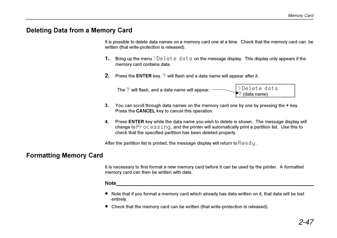 Kyocera DP-3600 manual Deleting Data from a Memory Card, Formatting Memory Card 