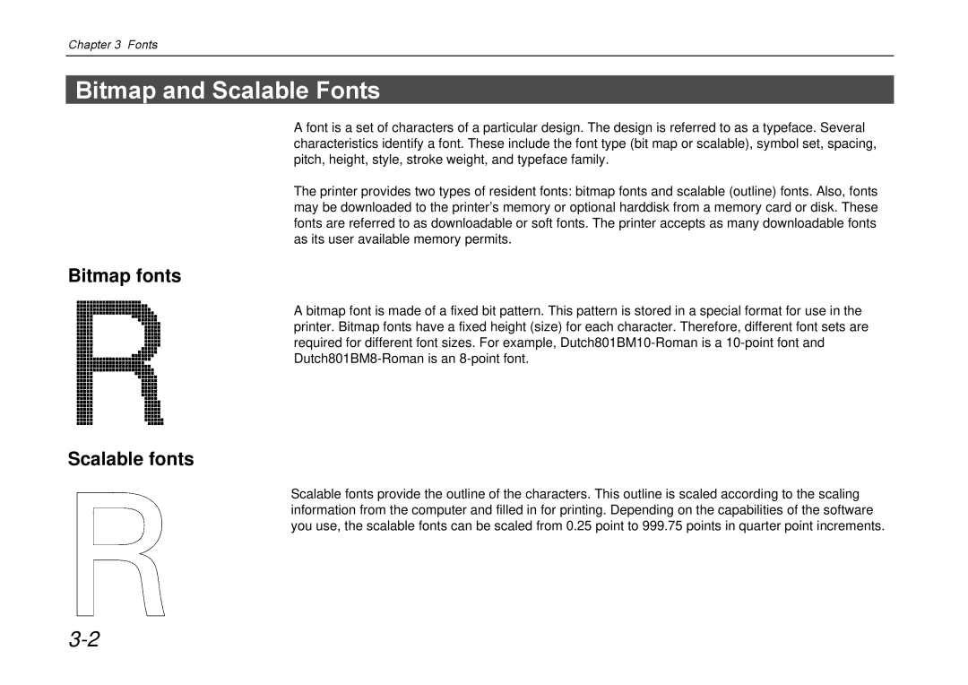 Kyocera DP-3600 manual Bitmap and Scalable Fonts, Bitmap fonts, Scalable fonts 