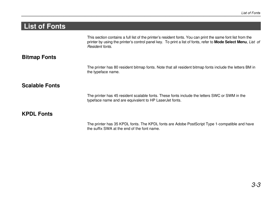 Kyocera DP-3600 manual List of Fonts, Kpdl Fonts 