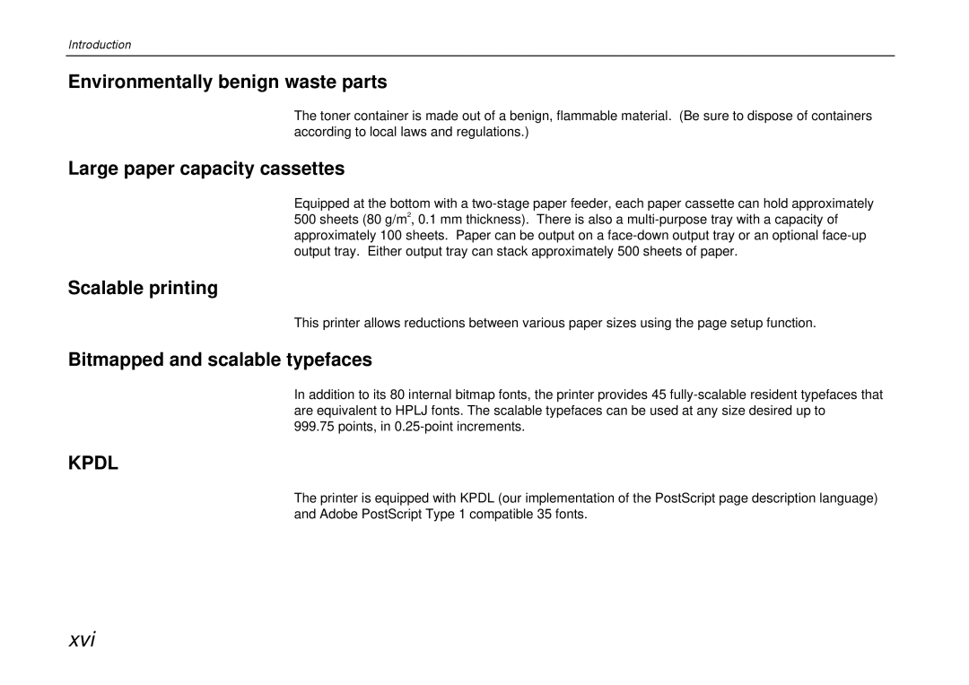 Kyocera DP-3600 manual Environmentally benign waste parts, Large paper capacity cassettes, Scalable printing 