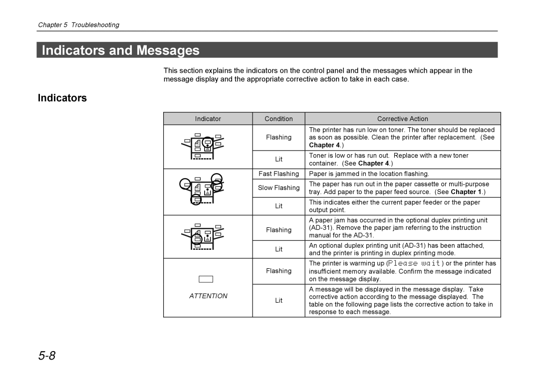 Kyocera DP-3600 manual Indicators and Messages 