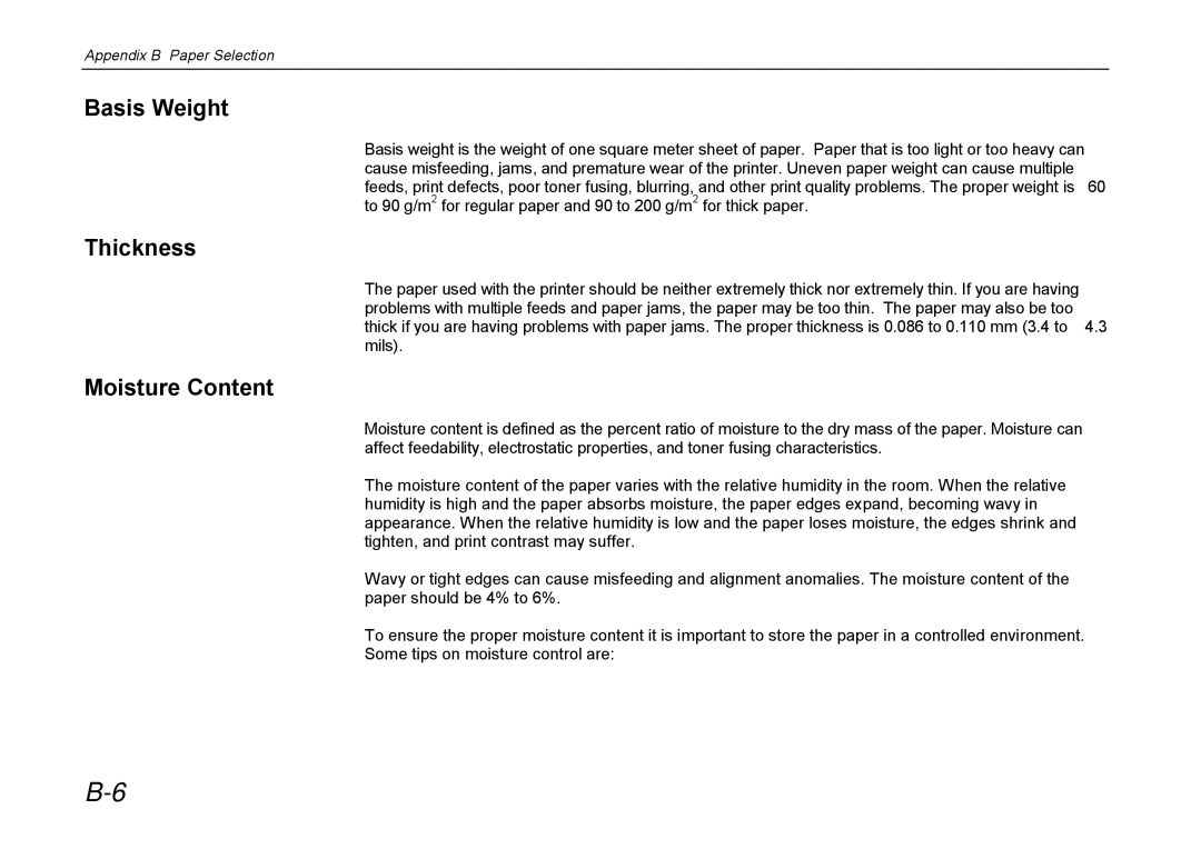 Kyocera DP-3600 manual Basis Weight, Thickness, Moisture Content 