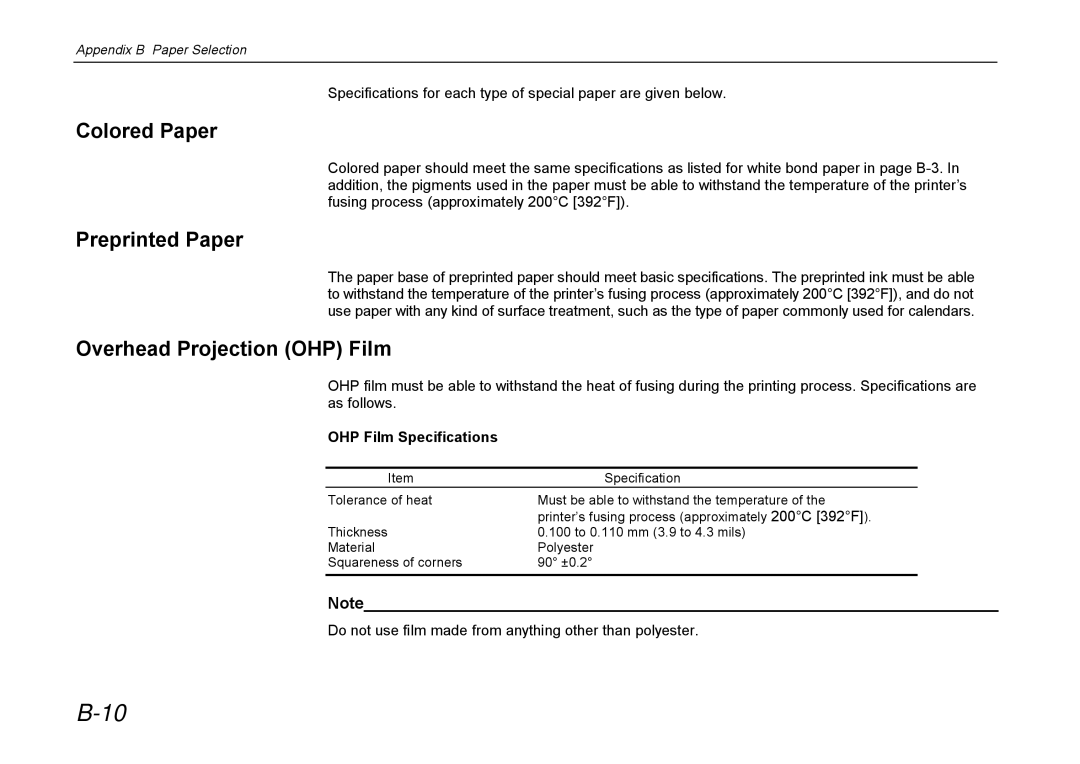 Kyocera DP-3600 manual Colored Paper, Preprinted Paper Overhead Projection OHP Film 