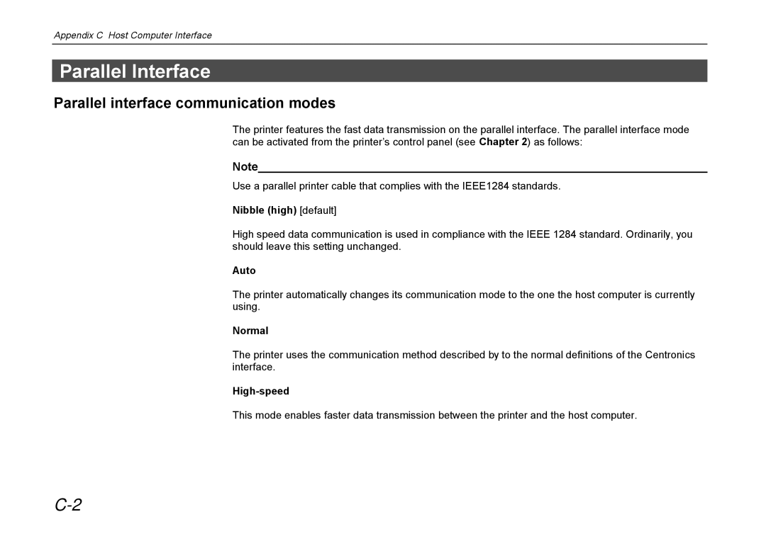 Kyocera DP-3600 manual Parallel Interface, Parallel interface communication modes 