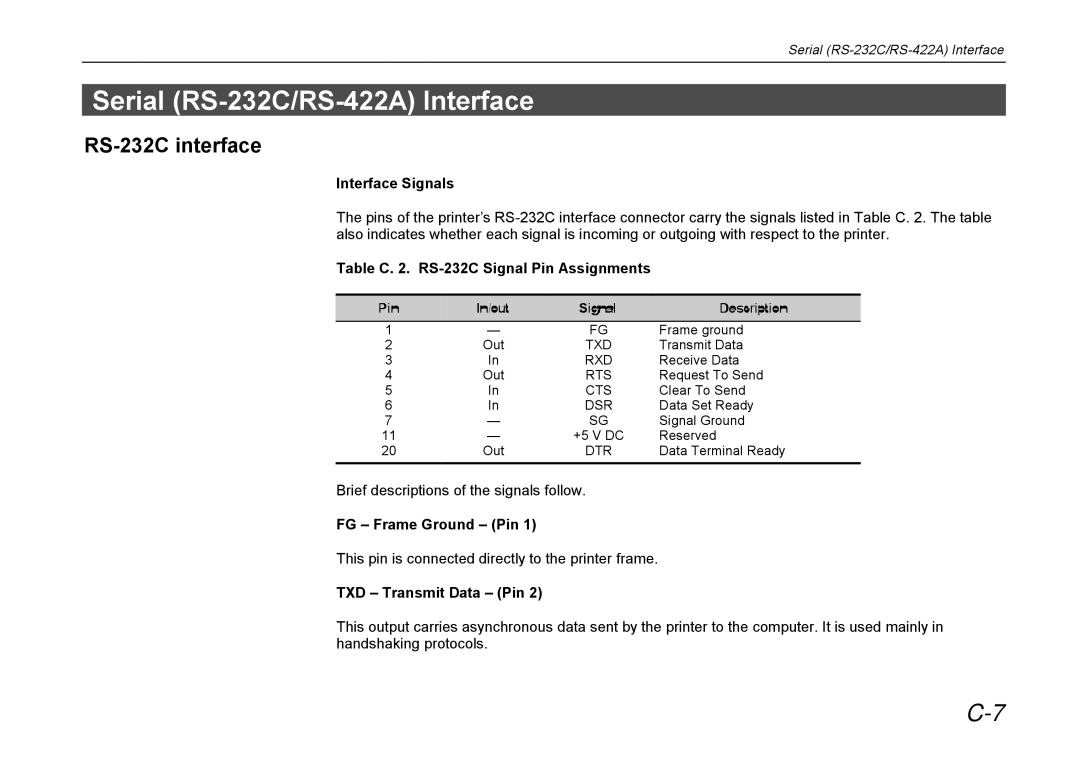 Kyocera DP-3600 manual Serial RS-232C/RS-422A Interface, RS-232C interface 