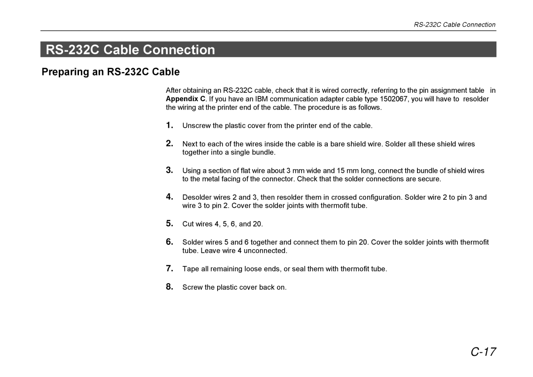 Kyocera DP-3600 manual RS-232C Cable Connection, Preparing an RS-232C Cable 