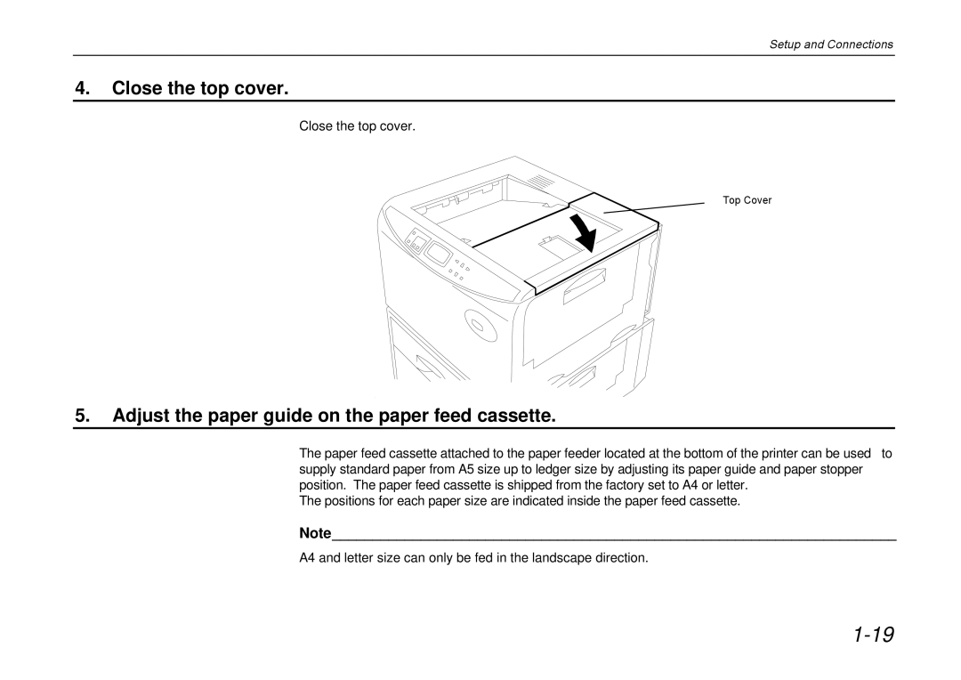 Kyocera DP-3600 manual Close the top cover, Adjust the paper guide on the paper feed cassette 