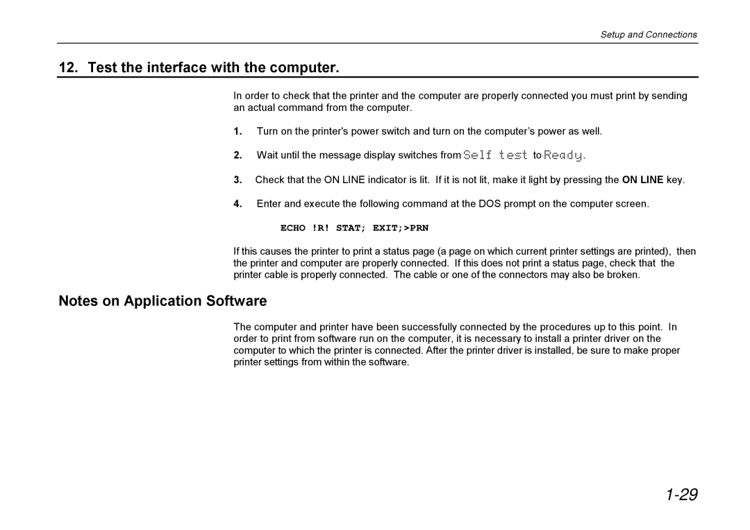 Kyocera DP-3600 manual Test the interface with the computer, Echo !R! Stat Exitprn 
