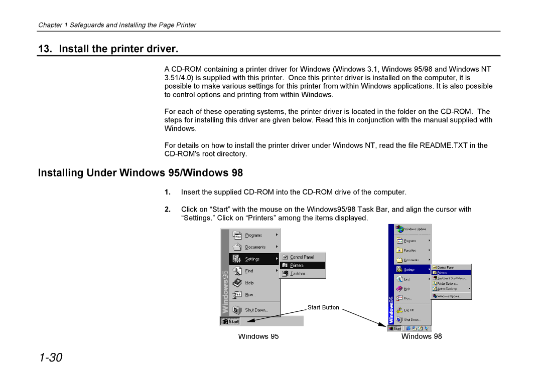 Kyocera DP-3600 manual Install the printer driver, Installing Under Windows 95/Windows 