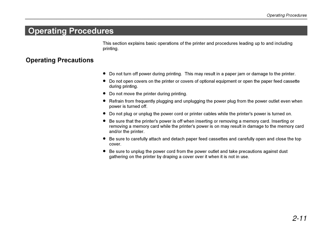 Kyocera DP-3600 manual Operating Procedures, Operating Precautions 