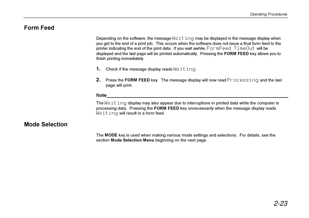 Kyocera DP-3600 manual Form Feed, Mode Selection 