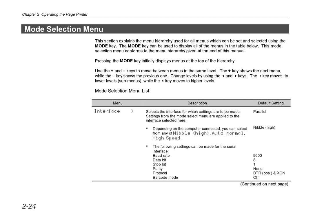 Kyocera DP-3600 manual Mode Selection Menu List 