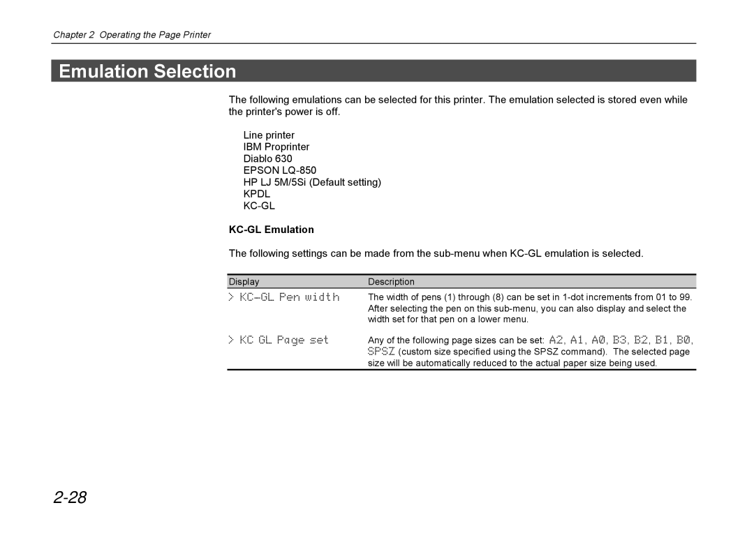 Kyocera DP-3600 manual Emulation Selection, Kpdl KC-GL 