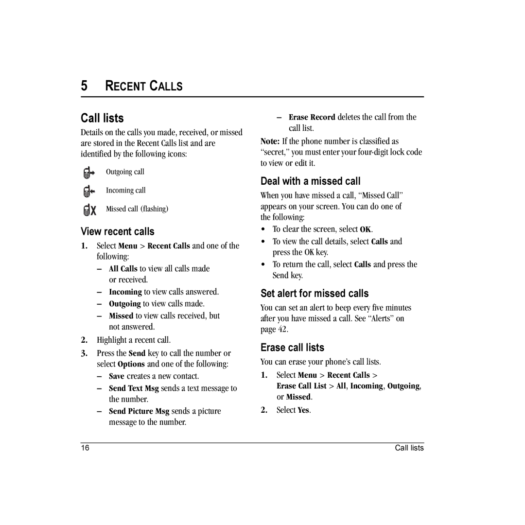 Kyocera E1000 manual Call lists, Recent Calls 