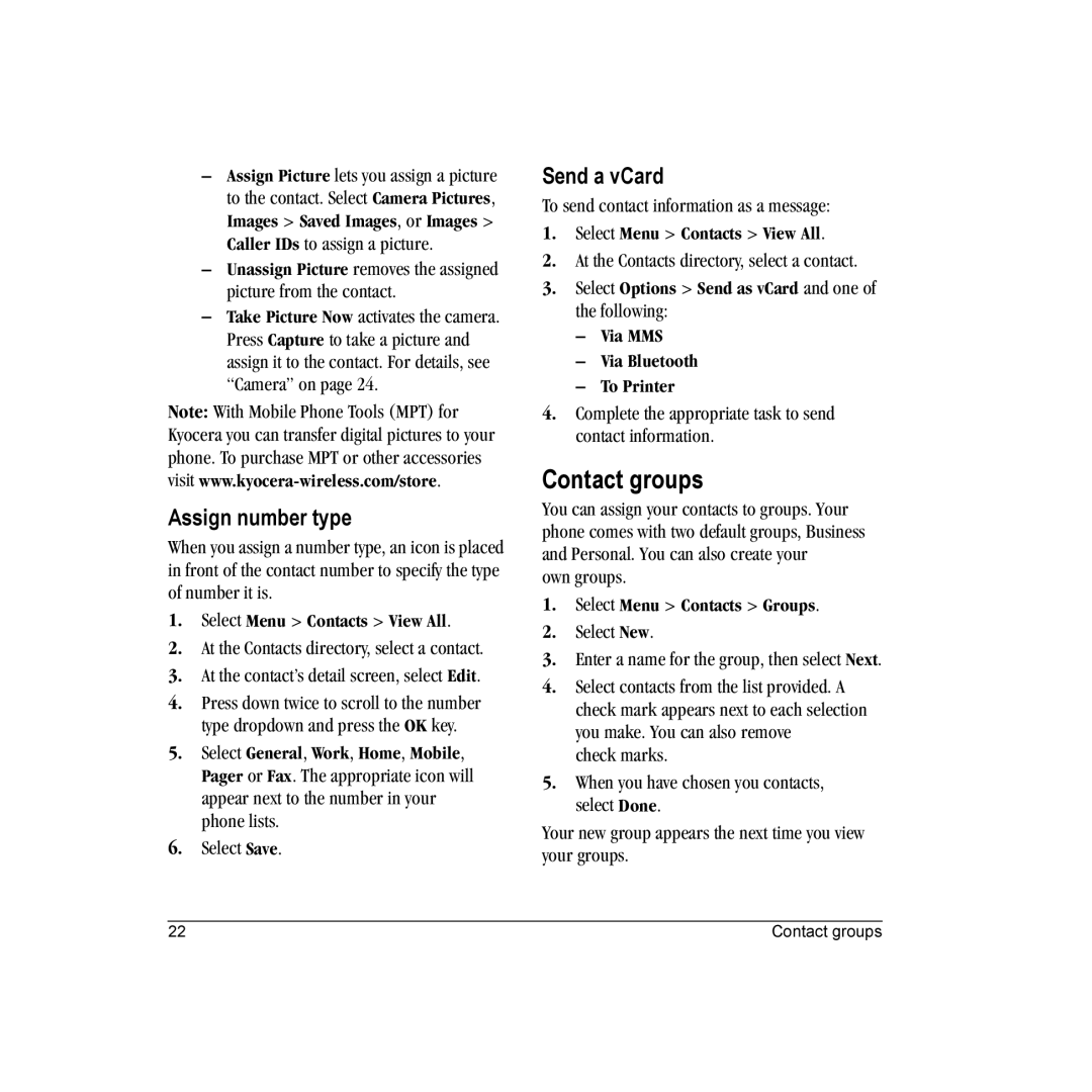 Kyocera E1000 manual Contact groups, Assign number type, Send a vCard, Select Menu Contacts Groups 