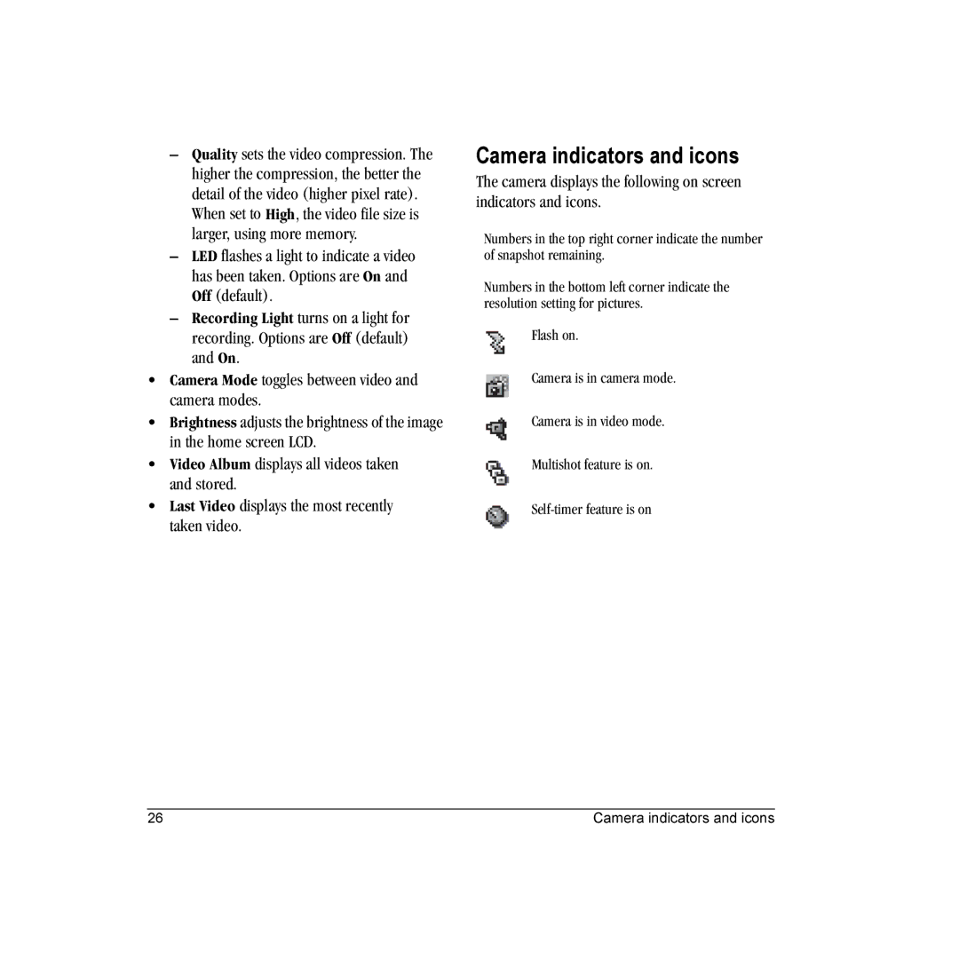 Kyocera E1000 manual Camera indicators and icons, Camera displays the following on screen indicators and icons 