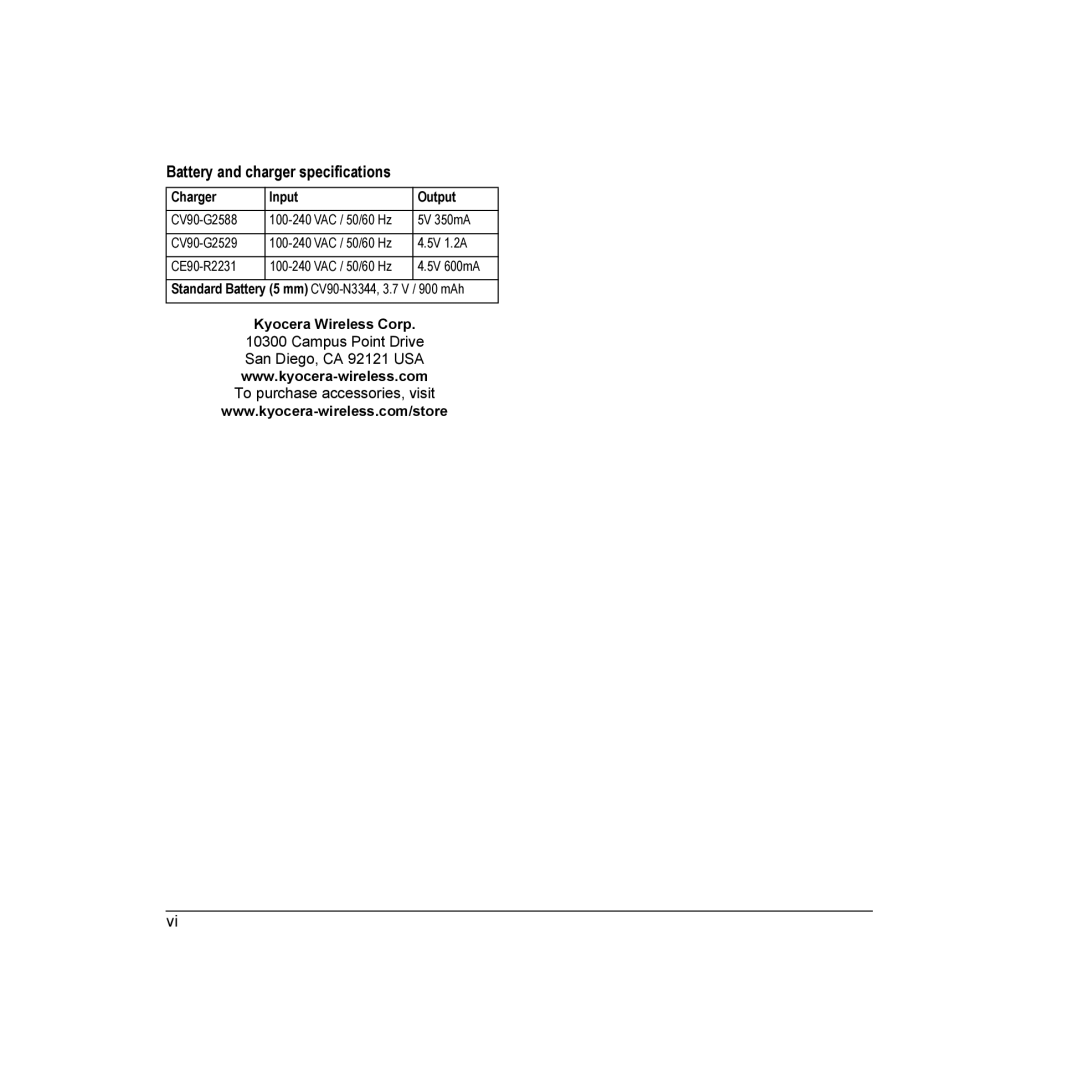 Kyocera E1000 manual Battery and charger specifications 