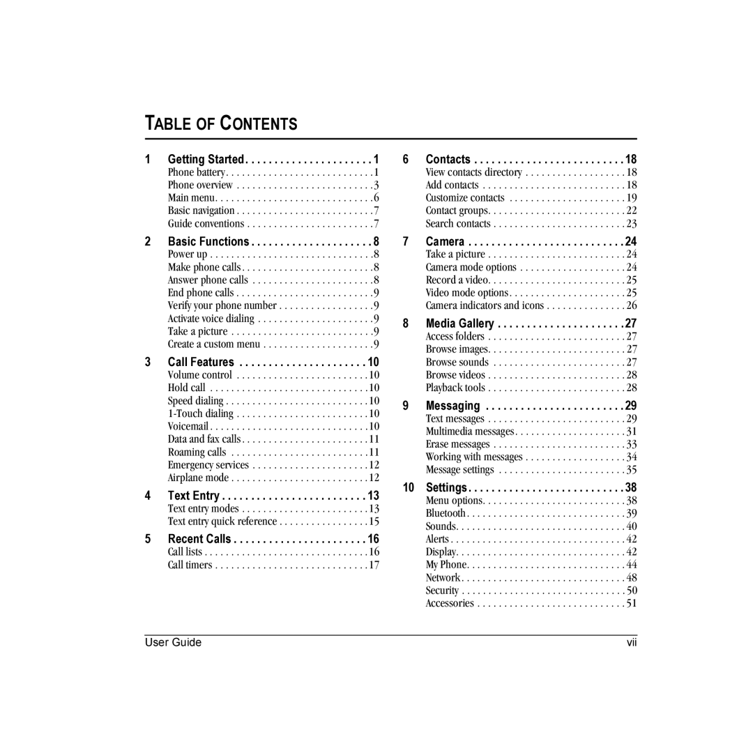 Kyocera E1000 manual Table of Contents 