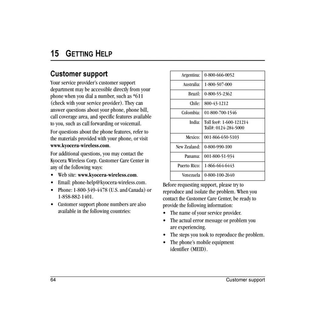 Kyocera E1000 manual Customer support, Getting Help 