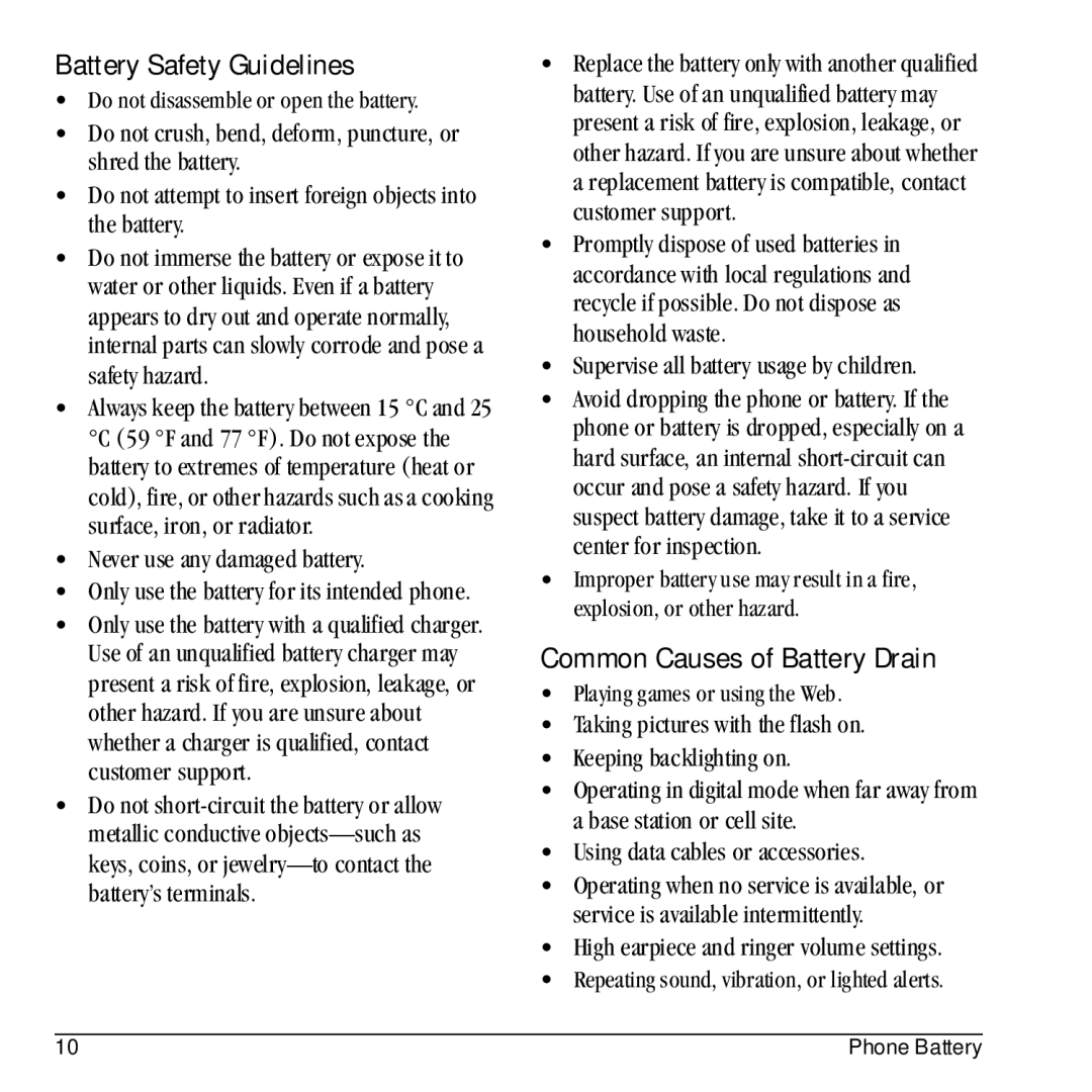 Kyocera E1100 manual Battery Safety Guidelines, Common Causes of Battery Drain, Supervise all battery usage by children 